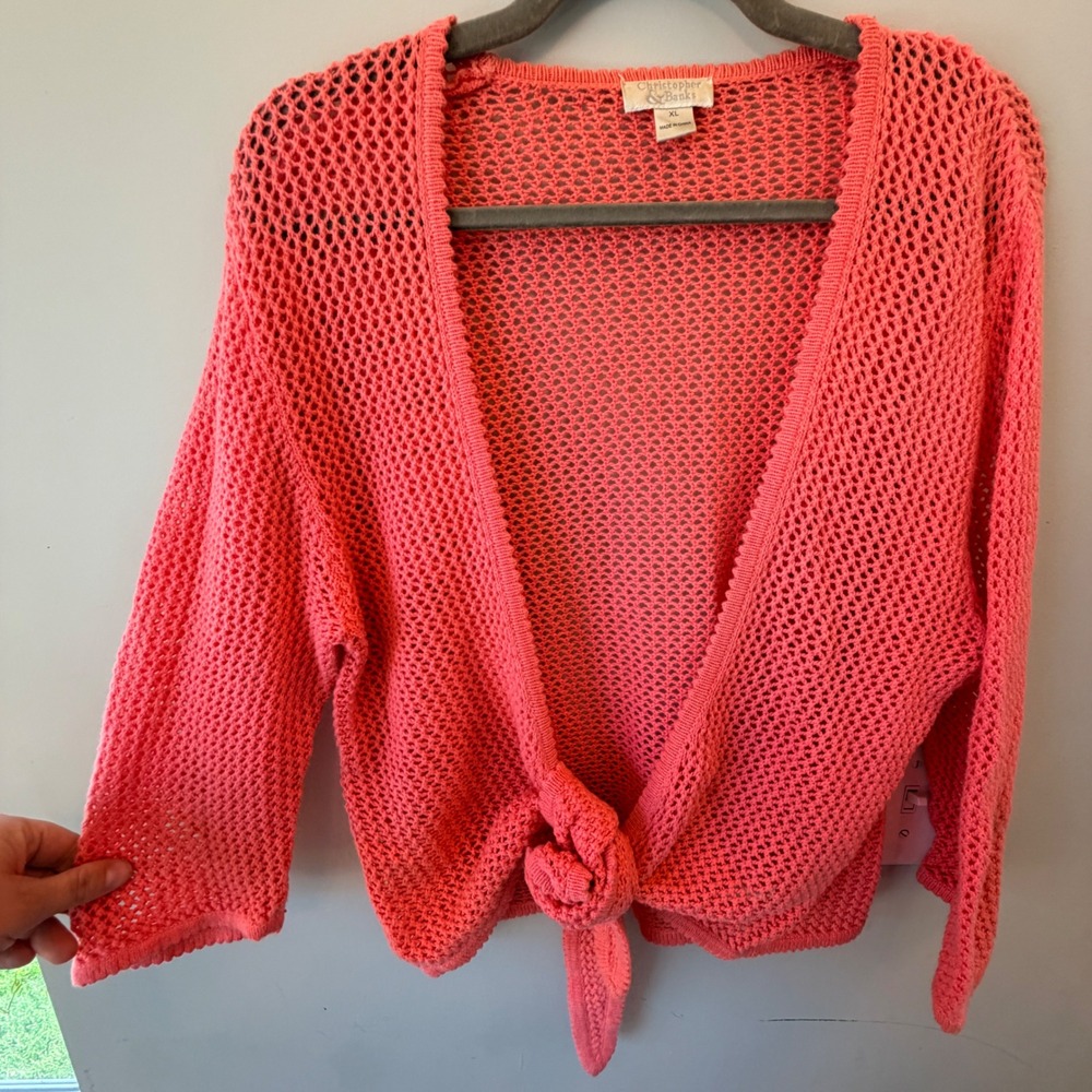 Christopher Banks Tie Front Cardigan Women XL Pink Open Knit Mesh Light Boho